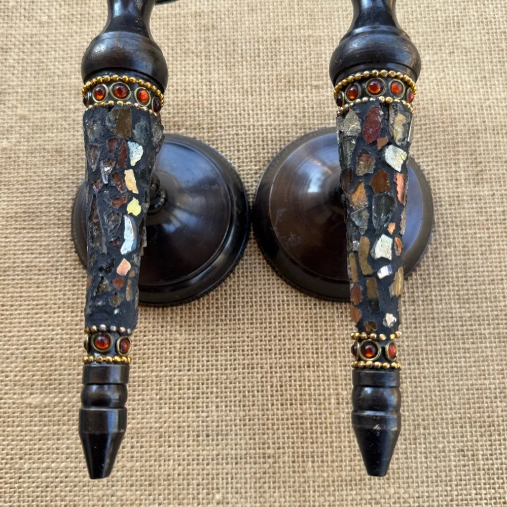 vintage brass wall sconce candle holders with a mosaic inlay